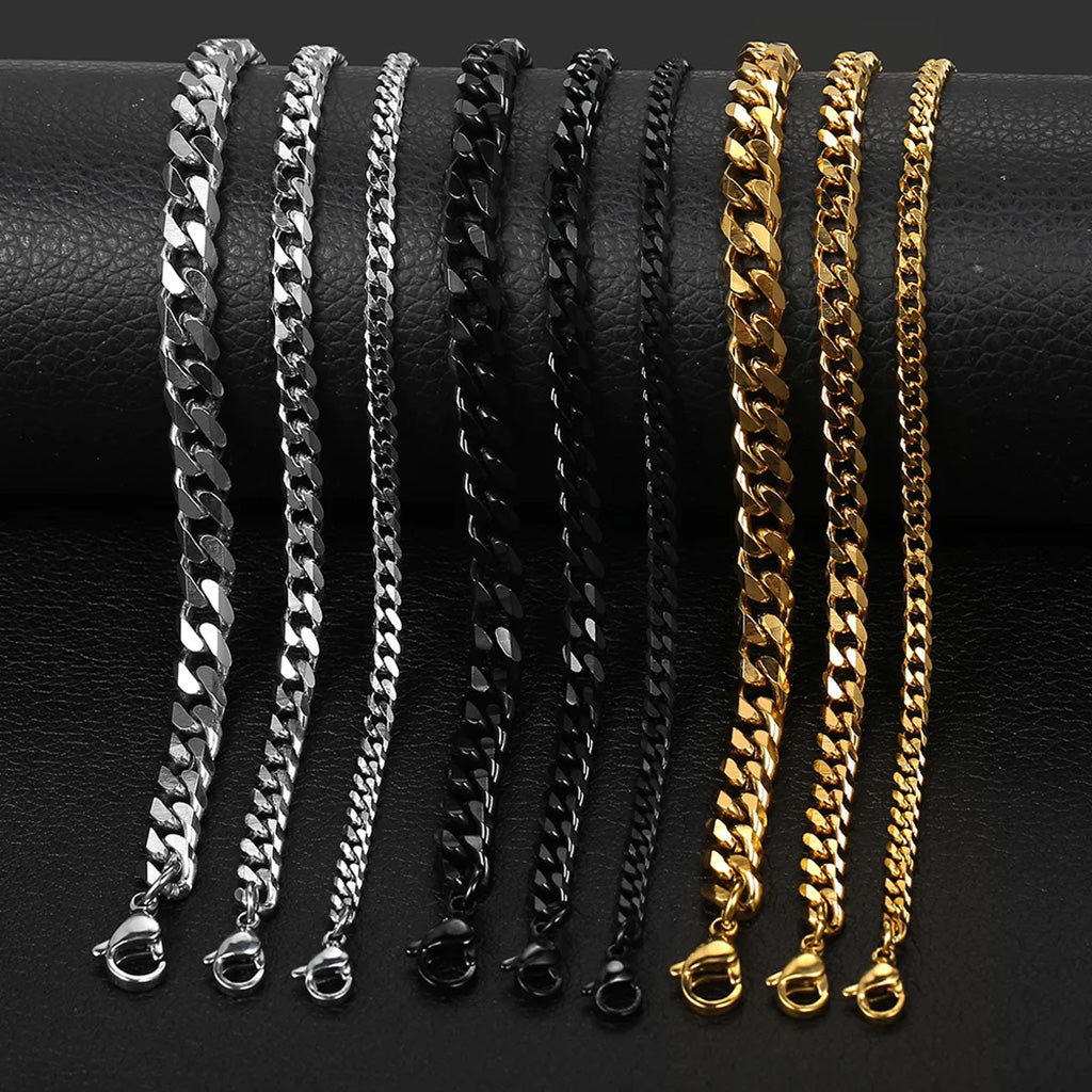 Bracelets à maillons cubains pour hommes et femmes, en acier inoxydable massif, couleur noir et or, 3/5/7/9/10mm