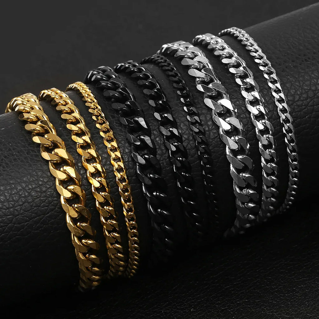 Bracelets à maillons cubains pour hommes et femmes, en acier inoxydable massif, couleur noir et or, 3/5/7/9/10mm