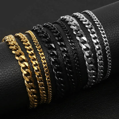 Bracelets à maillons cubains pour hommes et femmes, en acier inoxydable massif, couleur noir et or, 3/5/7/9/10mm
