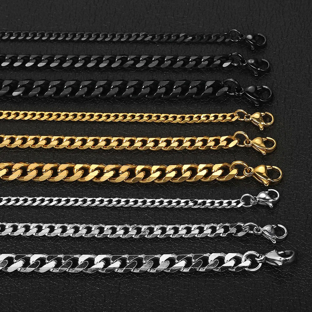 Bracelets à maillons cubains pour hommes et femmes, en acier inoxydable massif, couleur noir et or, 3/5/7/9/10mm