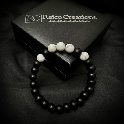Matte White Howlite Black Onyx Bead Bracelet